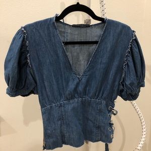 Zara denim slim top with puffy sleeves